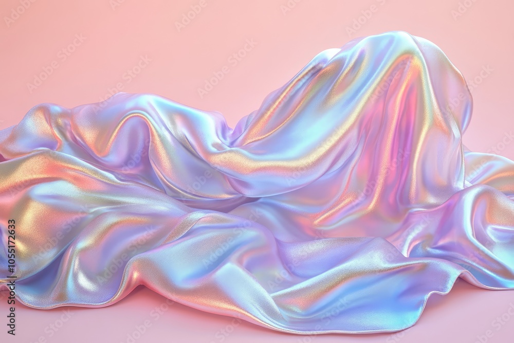 Pearlescent holographic fabric creating abstract shapes on a pink background Pearlescent holographic fabric creating abstract shapes on a pink background