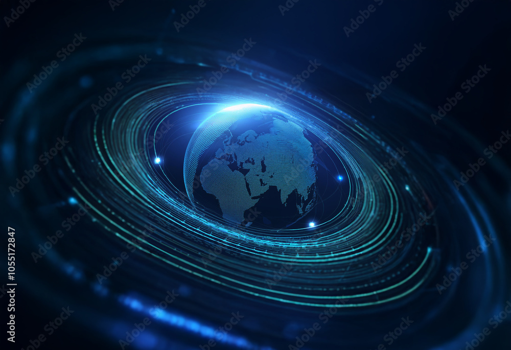A stylized globe with digital rings around it, surrounded by a dark blue background. A stylized globe with digital rings around it, surrounded by a dark blue background.