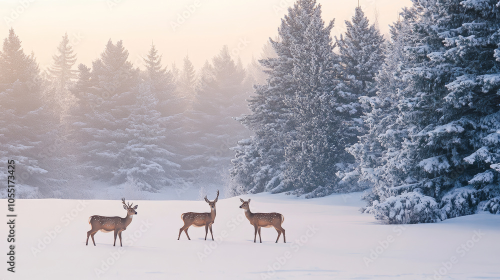 Three fallow deer in the beautiful snowy winter landscape by a pine forest. Three fallow deer in the beautiful snowy winter landscape by a pine forest.