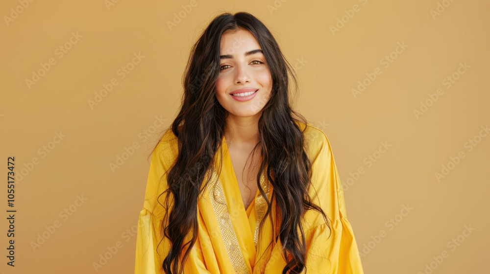 Radiant Moroccan teen girl smiling with flowing hair and yellow attire Radiant Moroccan teen girl smiling with flowing hair and yellow attire