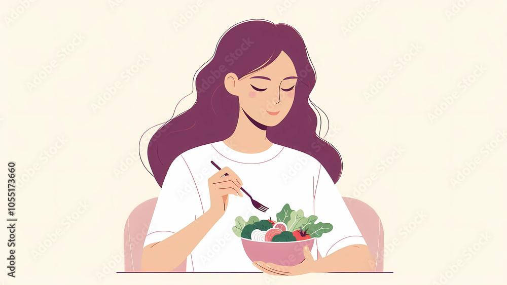 Woman Enjoying a Fresh Salad for a Healthy Meal, healthy eating vector illustration image