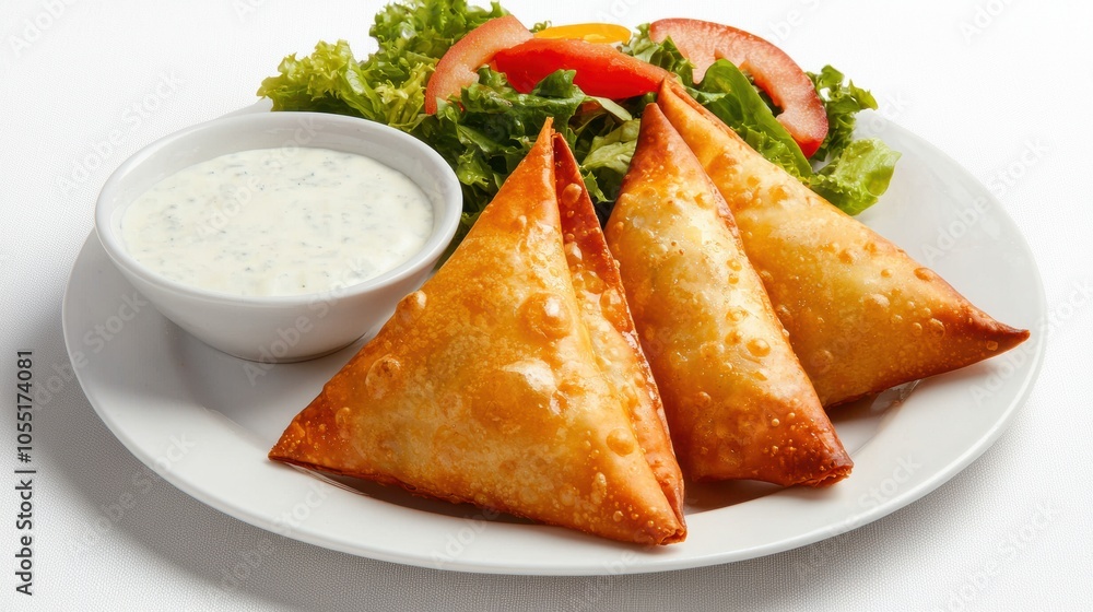 Crispy Samosas with Fresh Salad and Dipping Sauce Crispy Samosas with Fresh Salad and Dipping Sauce