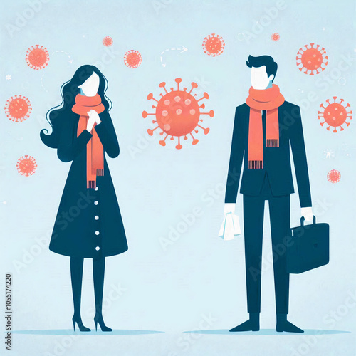 Two people maintaining distance with virus icons, emphasizing health protocols