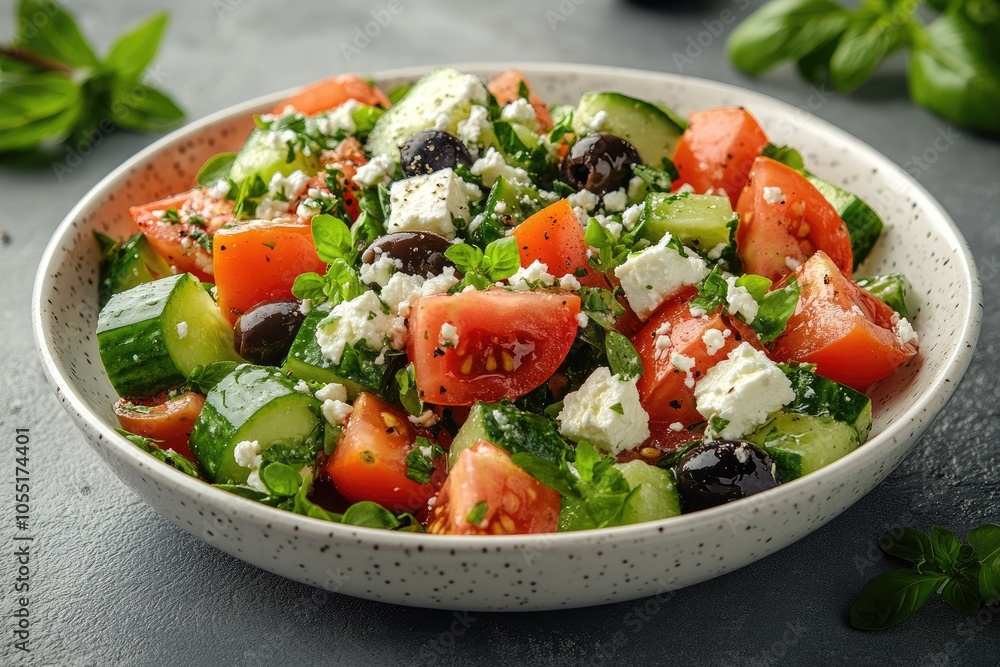 Fresh greek salad with tomatoes, cucumbers, olives, and feta cheese in a bowl Fresh greek salad with tomatoes, cucumbers, olives, and feta cheese in a bowl