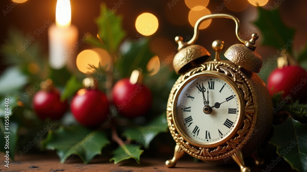 An ornate clock sits amidst festive holly and berries with warm candlelight in the background, evoking a cozy holiday atmosphere. An ornate clock sits amidst festive holly and berries with warm candlelight in the background, evoking a cozy holiday atmosphere.