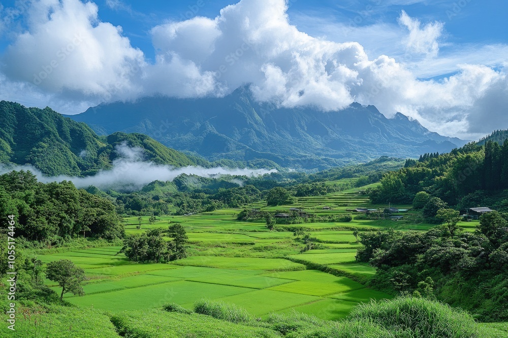Fototapeta premium Green rice terraces stretching to majestic mountain peaks under cloudy sky