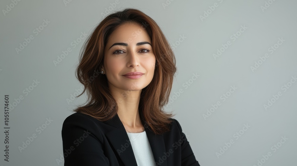 Confident middle eastern woman in her 40s wearing a black blazer, standing against a neutral background, showcasing professionalism and elegance Confident middle eastern woman in her 40s wearing a black blazer, standing against a neutral background, showcasing professionalism and elegance