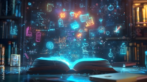 A 3D digital background showcasing a virtual classroom setting with floating symbols and icons representing various academic disciplines such as science mathematics and the arts photo