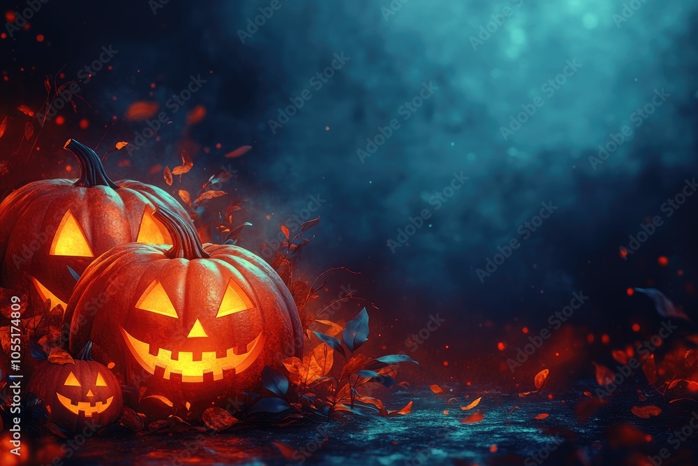 Halloween pumpkins glowing in the dark with blue background Halloween pumpkins glowing in the dark with blue background