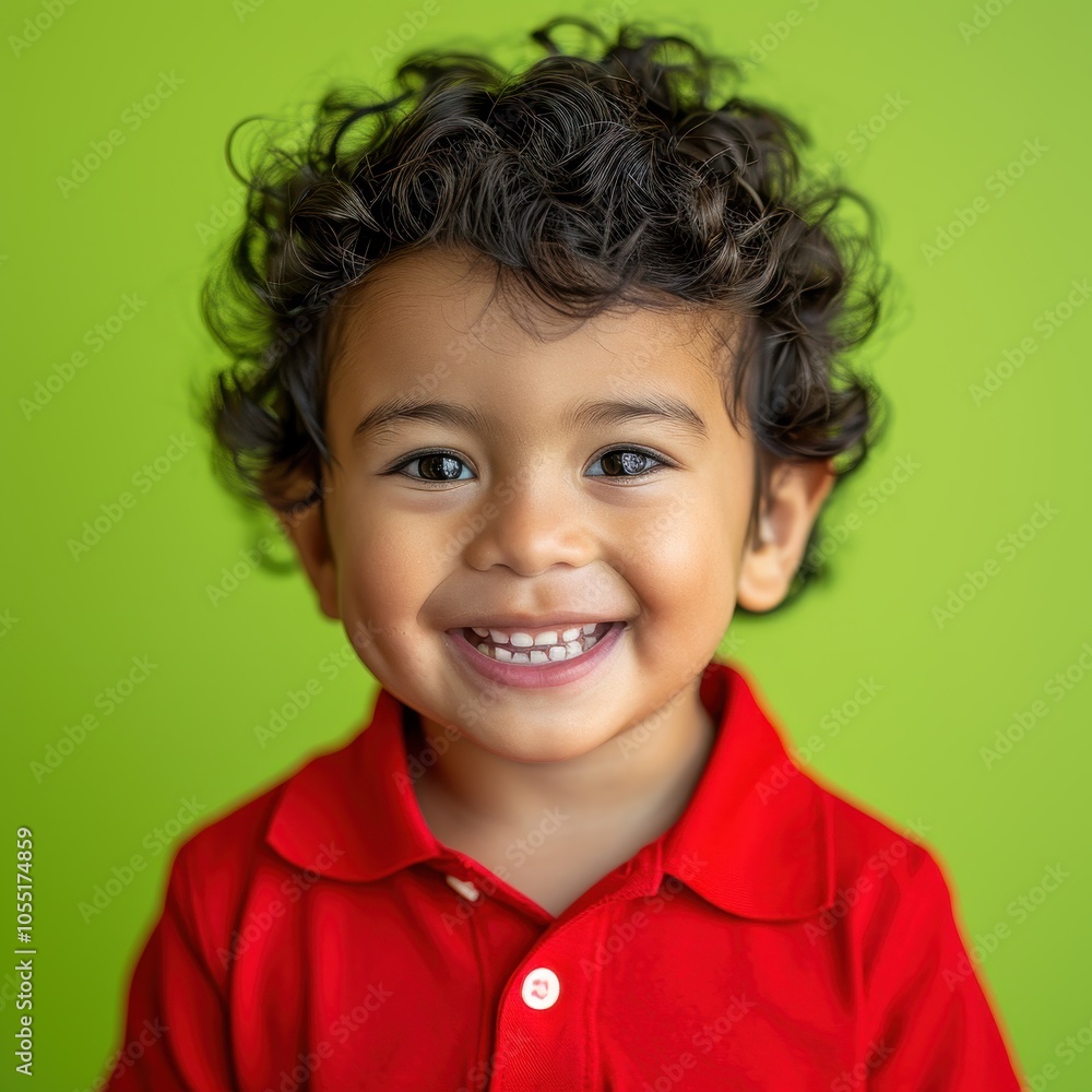 Happy Hispanic toddler boy with curly hair wearing red shirt Happy Hispanic toddler boy with curly hair wearing red shirt