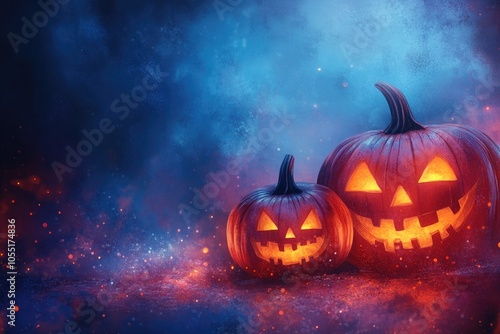 Two carved pumpkins glowing in a spooky halloween night