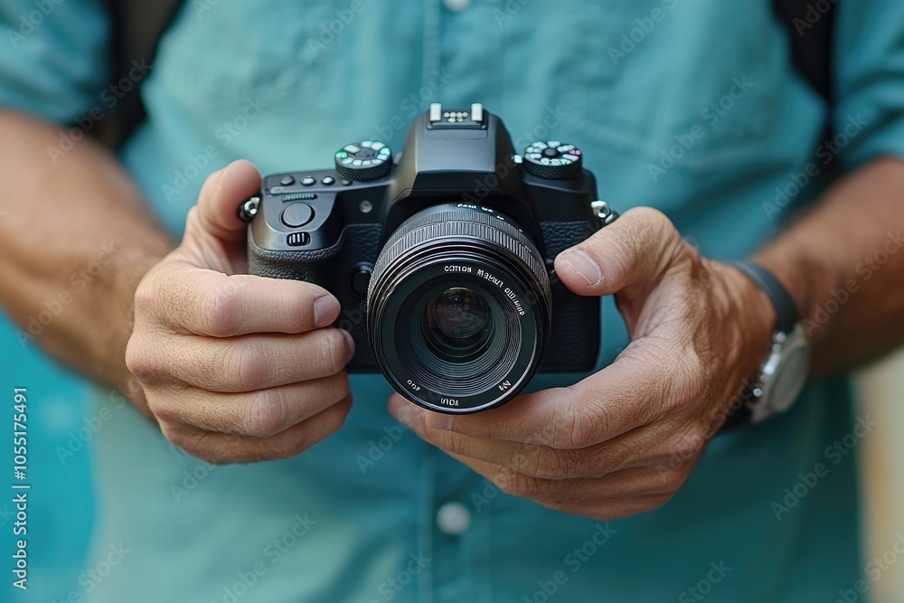 Photographer holding digital camera with fixed lens Photographer holding digital camera with fixed lens