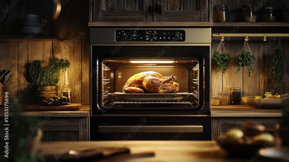 Golden Roast Turkey in a Warm Rustic Kitchen Setting Golden Roast Turkey in a Warm Rustic Kitchen Setting