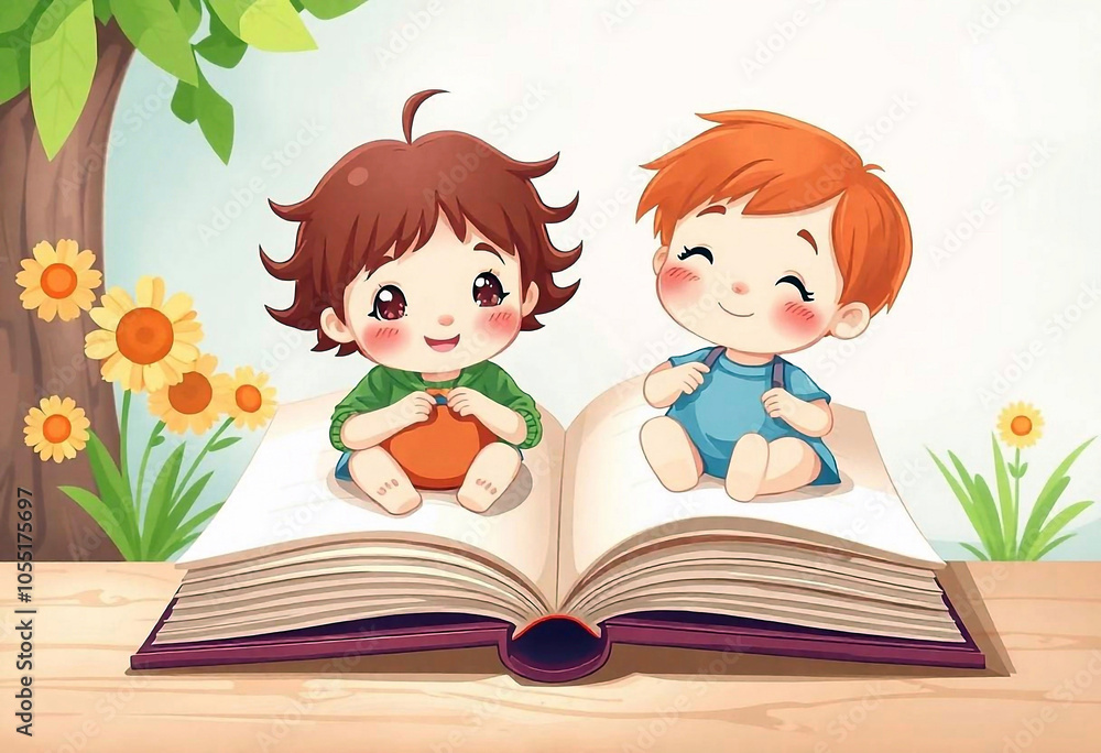 An open book with children's illustrations, bright pictures and characters on the pages create a fairy-tale atmosphere An open book with children's illustrations, bright pictures and characters on the pages create a fairy-tale atmosphere