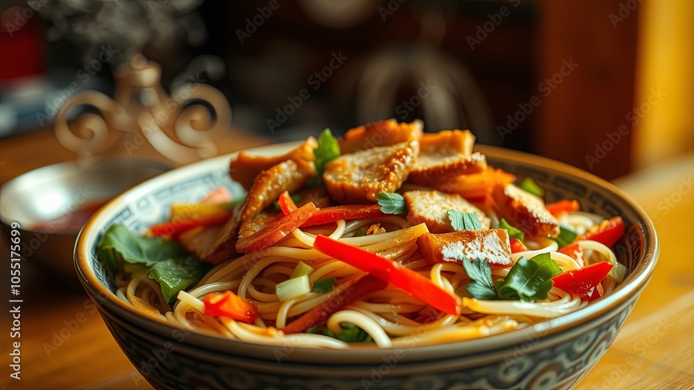 A Vibrant Bowl of Noodles Topped with Tender Meat and Colorful Vegetables, Ready to Savor A Vibrant Bowl of Noodles Topped with Tender Meat and Colorful Vegetables, Ready to Savor