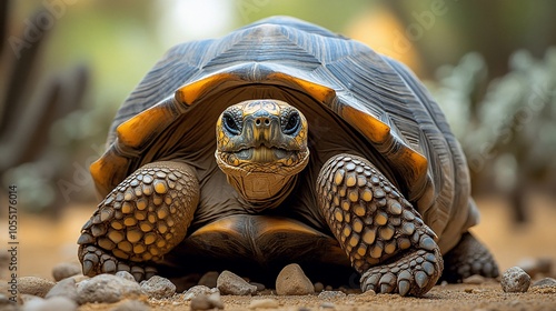 A Galapagos tortoise with a determined expression stares directly at the camera. Its shell is a mix of black and yellow and its limbs are thick and strong.  photo