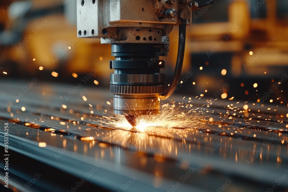 Industrial laser cutter making holes in metal sheet in manufacturing plant Industrial laser cutter making holes in metal sheet in manufacturing plant