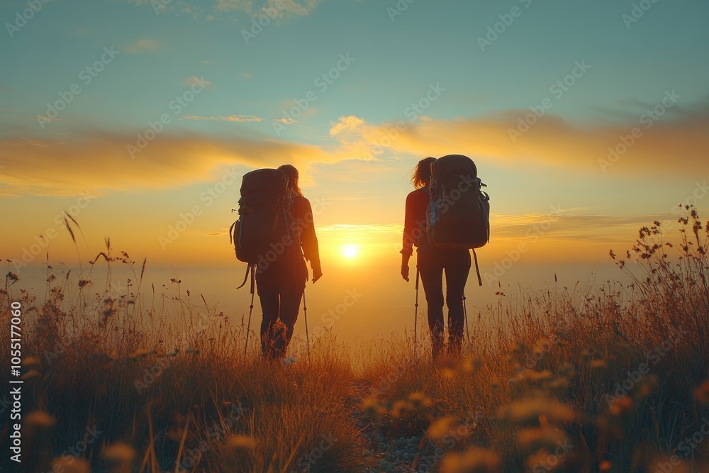 Two female hikers walking up mountain at sunrise with backpacks and trekking poles Two female hikers walking up mountain at sunrise with backpacks and trekking poles