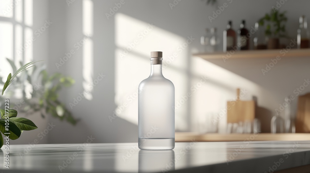 A frosted liquor bottle stands elegantly on a polished counter in bright, modern surroundings A frosted liquor bottle stands elegantly on a polished counter in bright, modern surroundings