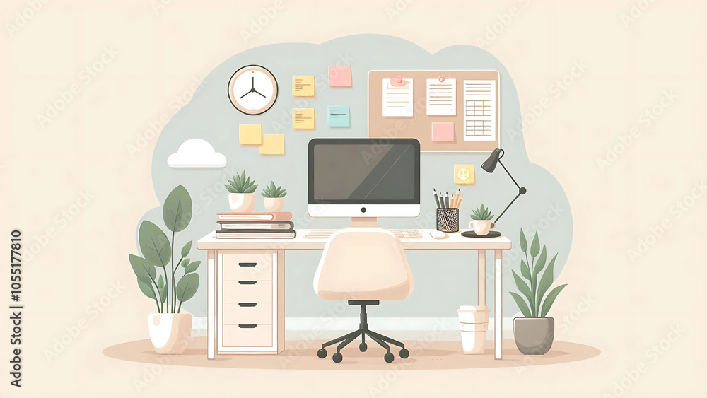 Organized Workspace with Desk Plants and Wall Clock, business workspace vector illustration graphics resource Organized Workspace with Desk Plants and Wall Clock, business workspace vector illustration graphics resource
