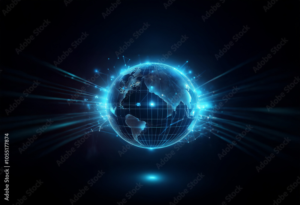 A glowing blue digital globe with grid lines on a dark background, surrounded by radiating light streaks, symbolizing global connection and data flow. A glowing blue digital globe with grid lines on a dark background, surrounded by radiating light streaks, symbolizing global connection and data flow.