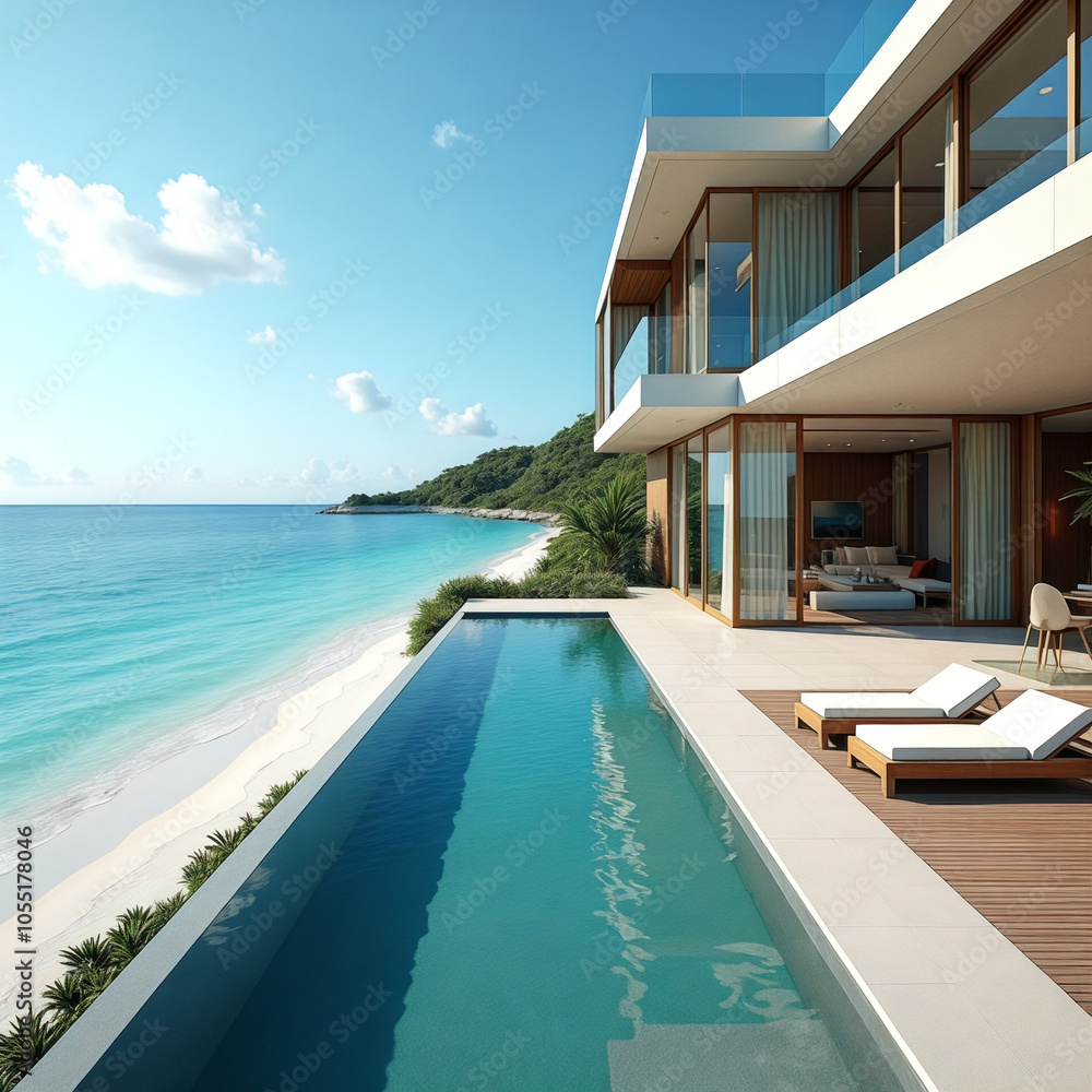 Fototapeta premium White house with a pool and a beach in the background