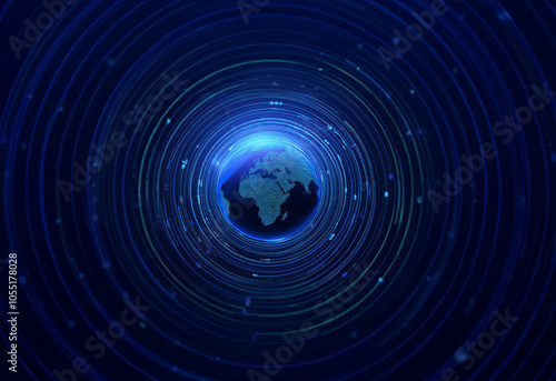 A blue and black digital globe surrounded by concentric circles, reminiscent of a network or the internet.