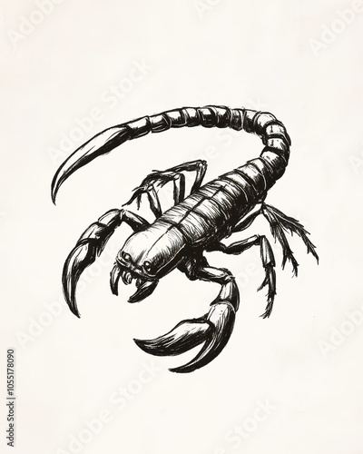 Minimalistic stick figure drawing of a scorpion in black ink, showcasing intricate details and artistic expression photo