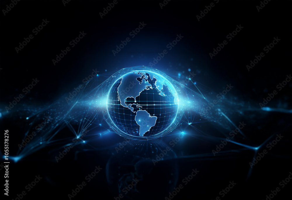 A glowing blue digital globe surrounded by a web of lines against a black background. A glowing blue digital globe surrounded by a web of lines against a black background.