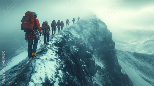 A group of hikers in red jackets walk along a narrow snow-covered ridge line on a mountain in a misty landscape.