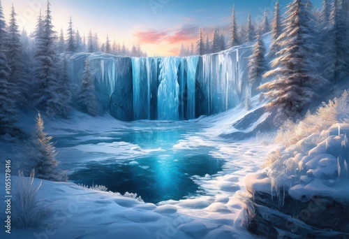 breathtaking icy landscape showcasing majestic winter beauty iridescent snow crystal like ice formations, aesthetics, arctic, blue, calm, chilly, dawn