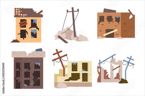 Set of old ruined building collection, abandoned and collapsed city office buildings. Apartment houses damaged war or earthquake. Broken town buildings, Destroyed buildings, collapsed walls and broken