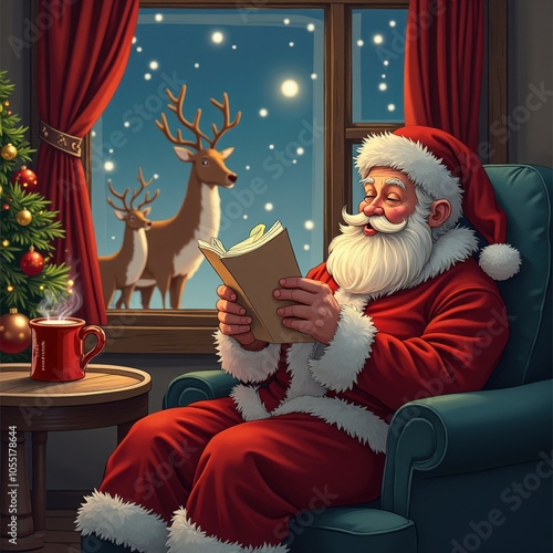 Santa Claus relaxes on Christmas Eve, checking wish lists with hot cocoa nearby. Reindeer wait outside, creating a cozy holiday scene. サンタクロースがクリスマスイブにくつろぎ、願いリストを確認。トナカイが外で待つ、温かいホリデーシーン。 photo