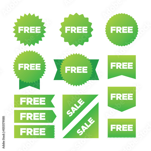 Set of free labels, free badge, free tag price symbol, flat green vector illustration
