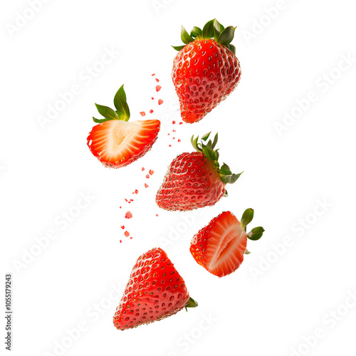 Slices of strawberries flying over transparent background.