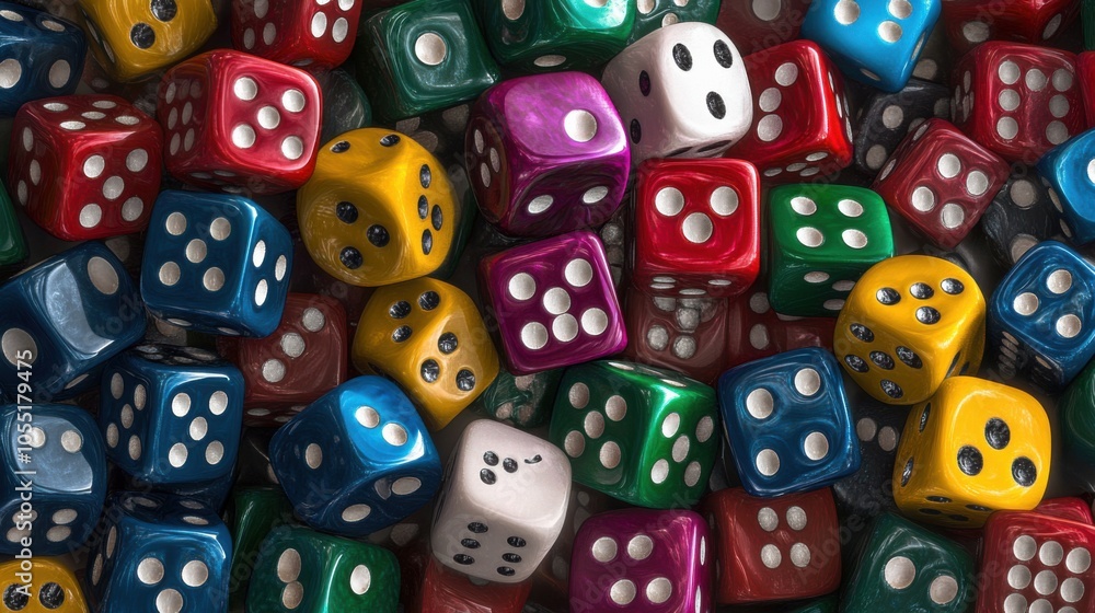 A seamless spread of dice in various sizes and colors, tightly packed together to fill the entire frame with their game-like, playful texture.