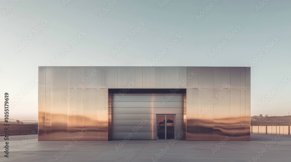 Reflective Modern Architecture: A sleek, copper-clad building stands against a minimalist desert landscape, its reflective surface mirroring the serene sky. Reflective Modern Architecture: A sleek, copper-clad building stands against a minimalist desert landscape, its reflective surface mirroring the serene sky.