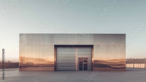 Reflective Modern Architecture: A sleek, copper-clad building stands against a minimalist desert landscape, its reflective surface mirroring the serene sky.