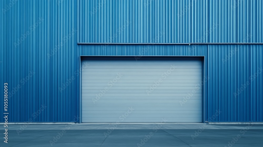 Industrial Minimalism: A stark, minimalist composition of a closed, white rolling garage door set against a backdrop of a bright blue corrugated metal wall. Industrial Minimalism: A stark, minimalist composition of a closed, white rolling garage door set against a backdrop of a bright blue corrugated metal wall.