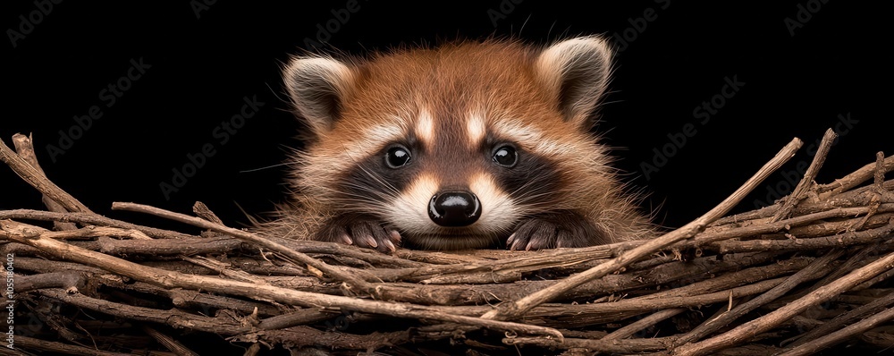 Obraz premium Adorable raccoon peeking from a nest against a dark background.