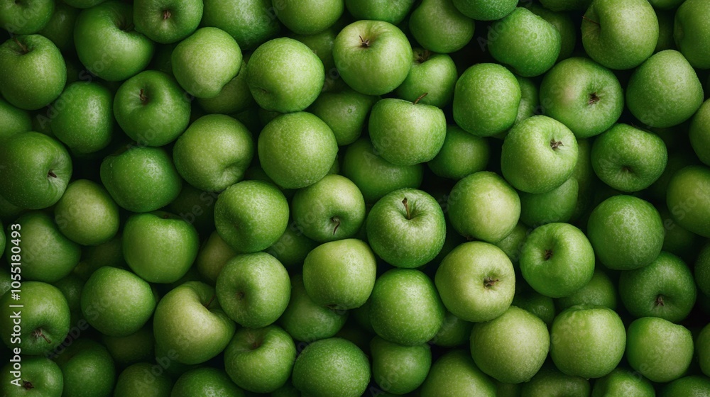 A surface densely covered with fresh green apples, filling every inch of the frame with their crisp, glossy texture and vibrant green color. A surface densely covered with fresh green apples, filling every inch of the frame with their crisp, glossy texture and vibrant green color.