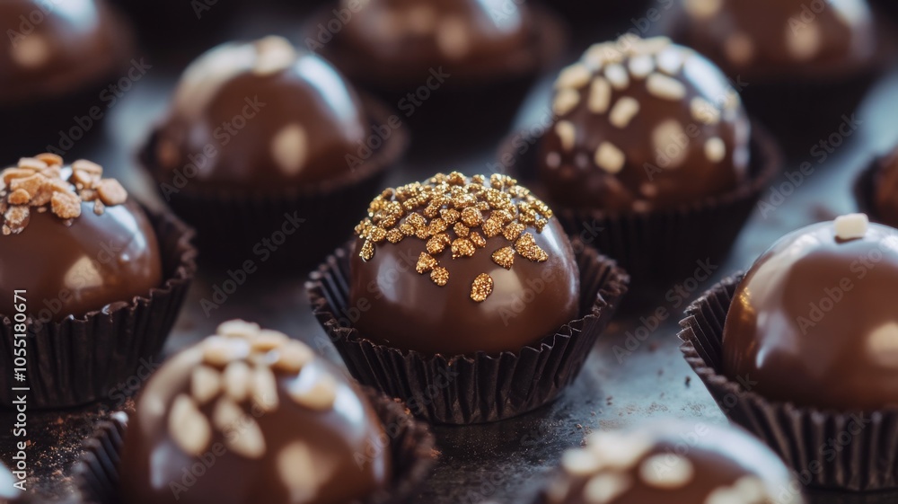Delicious luxury chocolate truffles and snowflakes on a snowy Christmas background with bokeh lights. A Christmas and New Year food concept. Delicious luxury chocolate truffles and snowflakes on a snowy Christmas background with bokeh lights. A Christmas and New Year food concept.