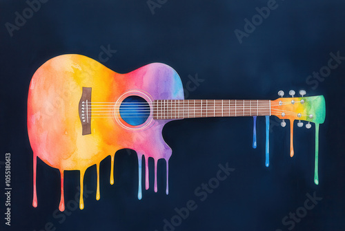 Colorful abstract watercolor painting of a guitar with rainbow hues