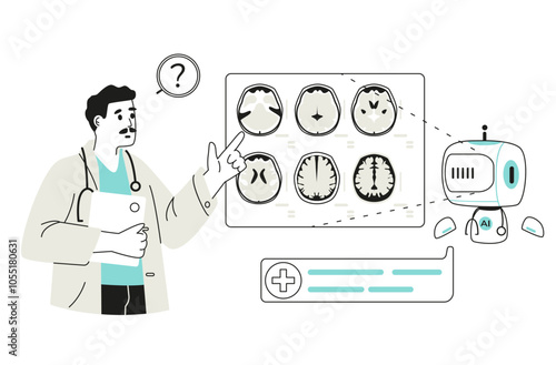 Artificial intelligence in medicine concept linear vector illustration isolated on white. Medical worker using AI for brain MRI scan analysis.