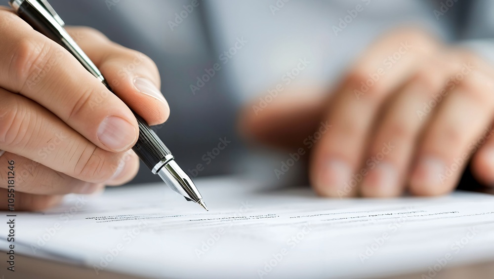 This close-up showcases a person's hand holding a pen poised above a sheet of paper, suggesting intent focus and the significance of written communication in a professional context. This close-up showcases a person's hand holding a pen poised above a sheet of paper, suggesting intent focus and the significance of written communication in a professional context.