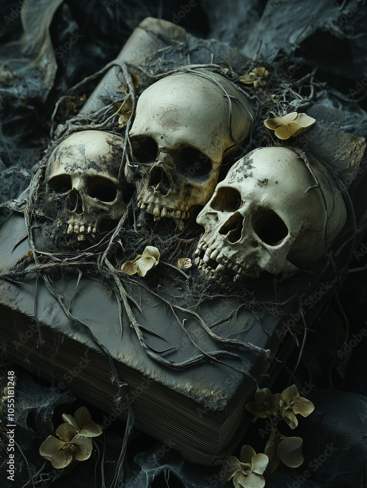 Three skulls with vines and dried flowers on old books in dark setting Three skulls with vines and dried flowers on old books in dark setting