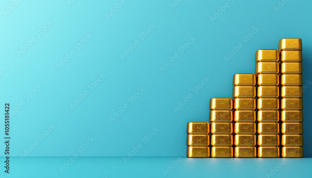 A stack of shiny gold bars arranged in an ascending pattern against a turquoise background, symbolizing wealth and growth.