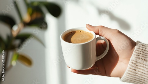 A hand holds a white coffee cup filled with rich brew, surrounded by a softly blurred background of green plant leaves and bright light, creating a warm, cozy atmosphere for inspiration. photo