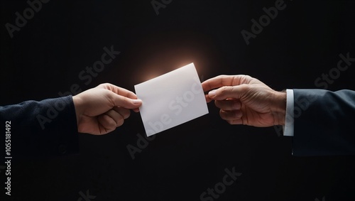 Two hands reach out to exchange a blank card, set against a dark background. The moment conveys anticipation and connection, emphasizing the significance of communication in human interaction. photo