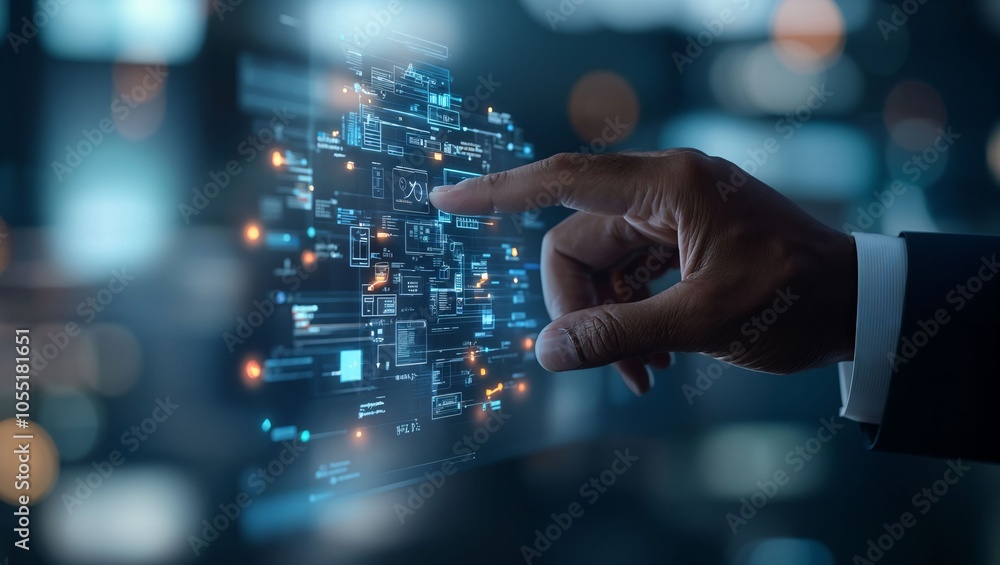 A hand interacts with a futuristic digital interface featuring glowing data and graphics. The background is slightly blurred and enhances the technology's sophistication. A hand interacts with a futuristic digital interface featuring glowing data and graphics. The background is slightly blurred and enhances the technology's sophistication.